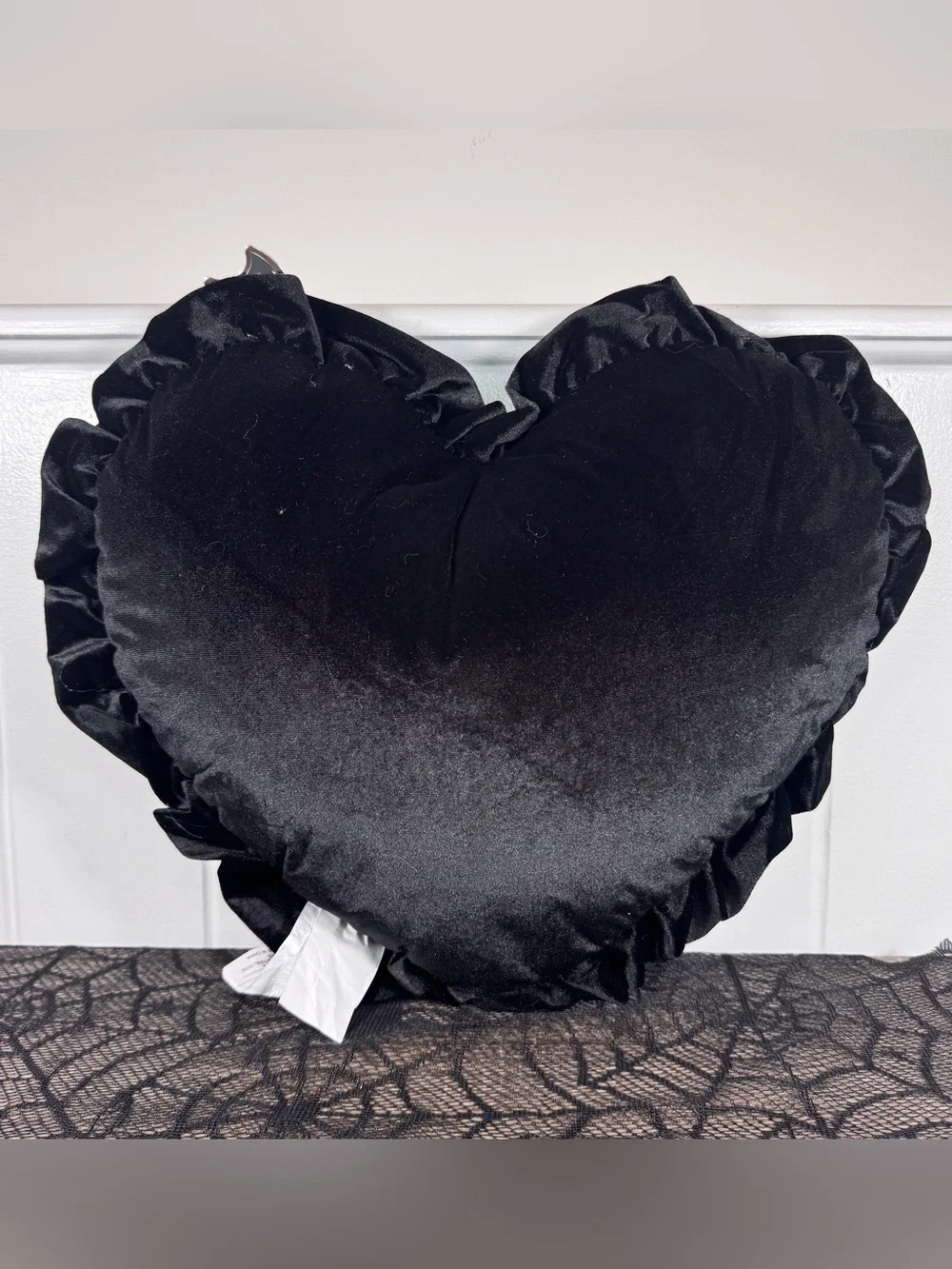 NEW Spooktakular Black Heart with Rhinestone Bats and Spiderweb Halloween Pillow